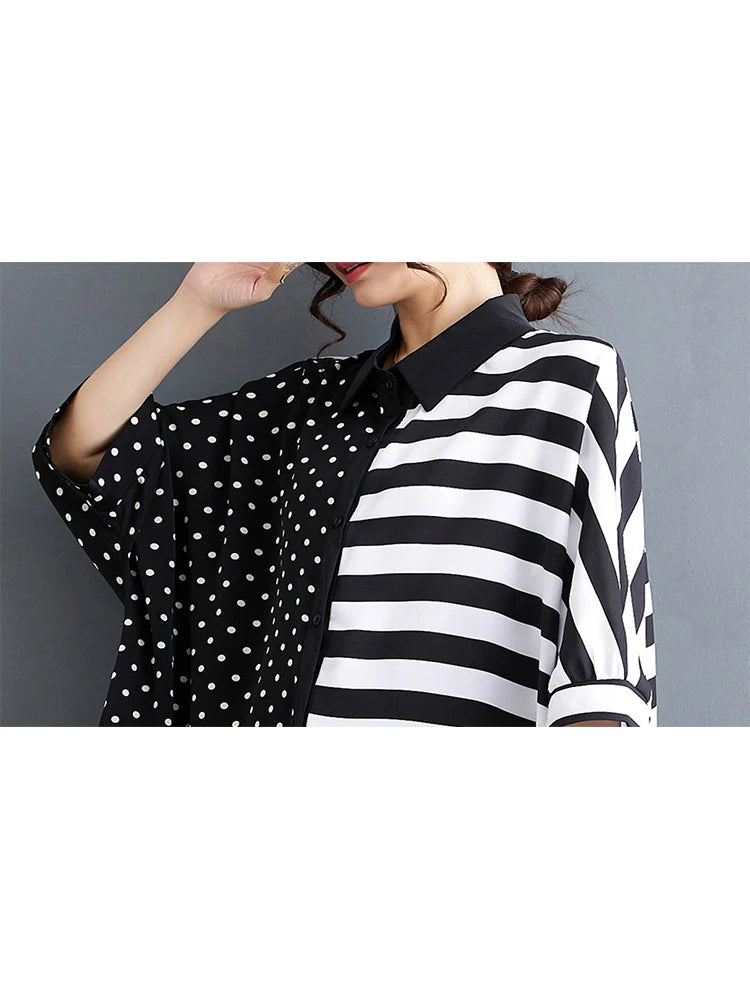 XITAO Asymmetric Casual Shirt Turn Down Collar Short Sleeved Patchwork Stripes Simplicity Spring Fashion Women Top LYD1784