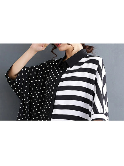 XITAO Asymmetric Casual Shirt Turn Down Collar Short Sleeved Patchwork Stripes Simplicity Spring Fashion Women Top LYD1784