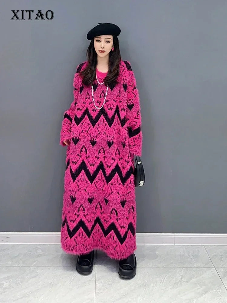 XITAO Knitting Geometric Pullover Dresses O-neck Loose Long Sleeve Mid-calf Sweaters Dress Spring New Fashion All Match DMJ2875