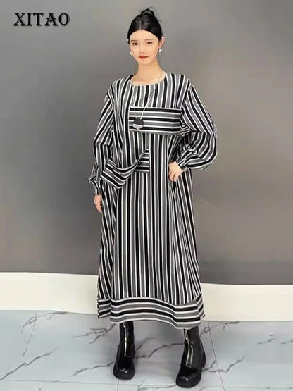 XITAO Striped Contrast Color Patchwork O-neck Dresses Long Sleeve Pullover Loose Slimming Fashion Casual 2024 Autumn GYX1004