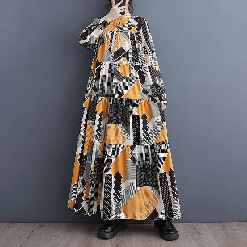 XITAO Long Sleeve Dress Geometric Contrast Color Print Loose Fashion Casual Women Temperament Simplicity Shirt Dress HQQ2257