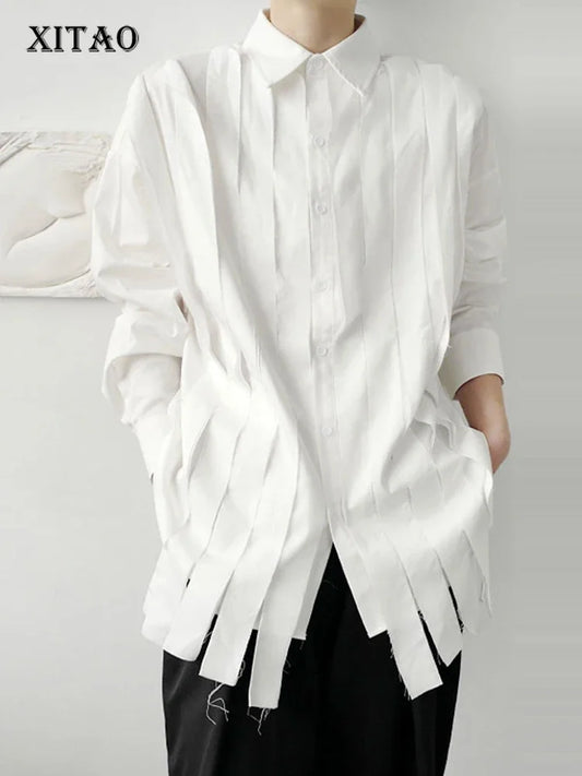 XITAO Tassel White Blouse Fashion New Full Sleeve Autumn Single Breast Pleated Small Fresh Casual Style Loose Shirt ZP2055