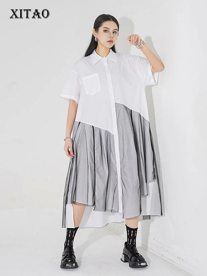 XITAO Mesh Patchwork Female Shirt Dress Casual Simplicity Loose Asymmetrical Hem 2024 Summer New Irregular A-line Dress ZY8655