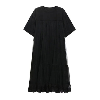 XITAO Black Gauze Patchwork O-neck Pullover Dresses Short Sleeve Loose Temperament Slimming Summer New All Match ZY8865