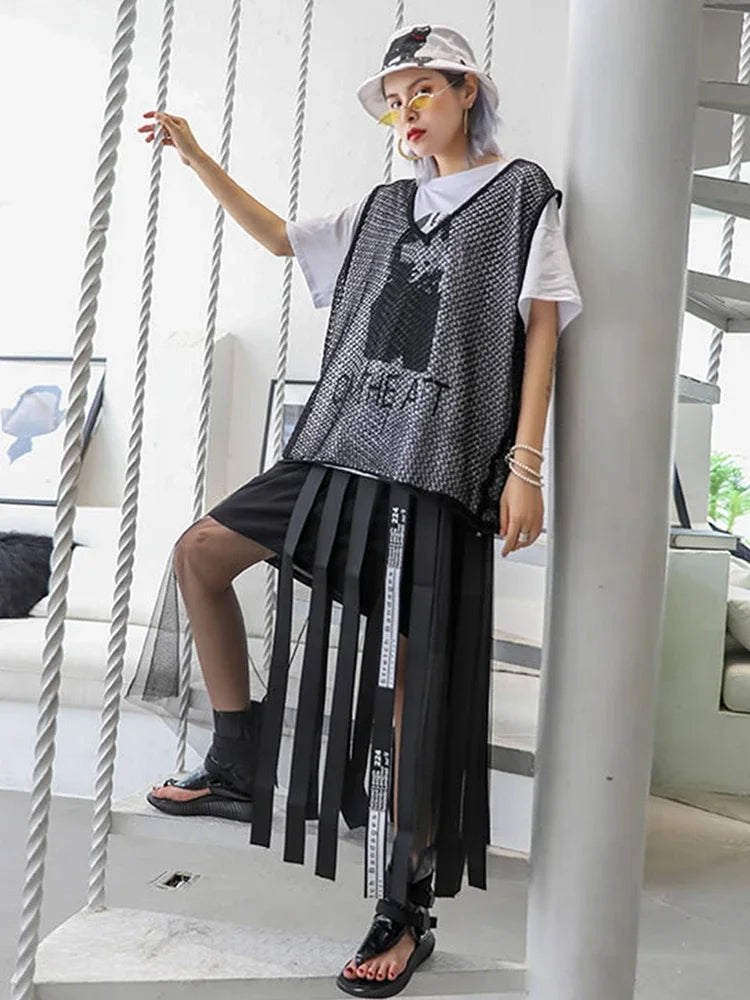 XITAO Mesh Hollow Out Print Letter Long Skirt Women Tape Elastic Waist Black Casual A-line Summer 2019 New Korea WLD1084