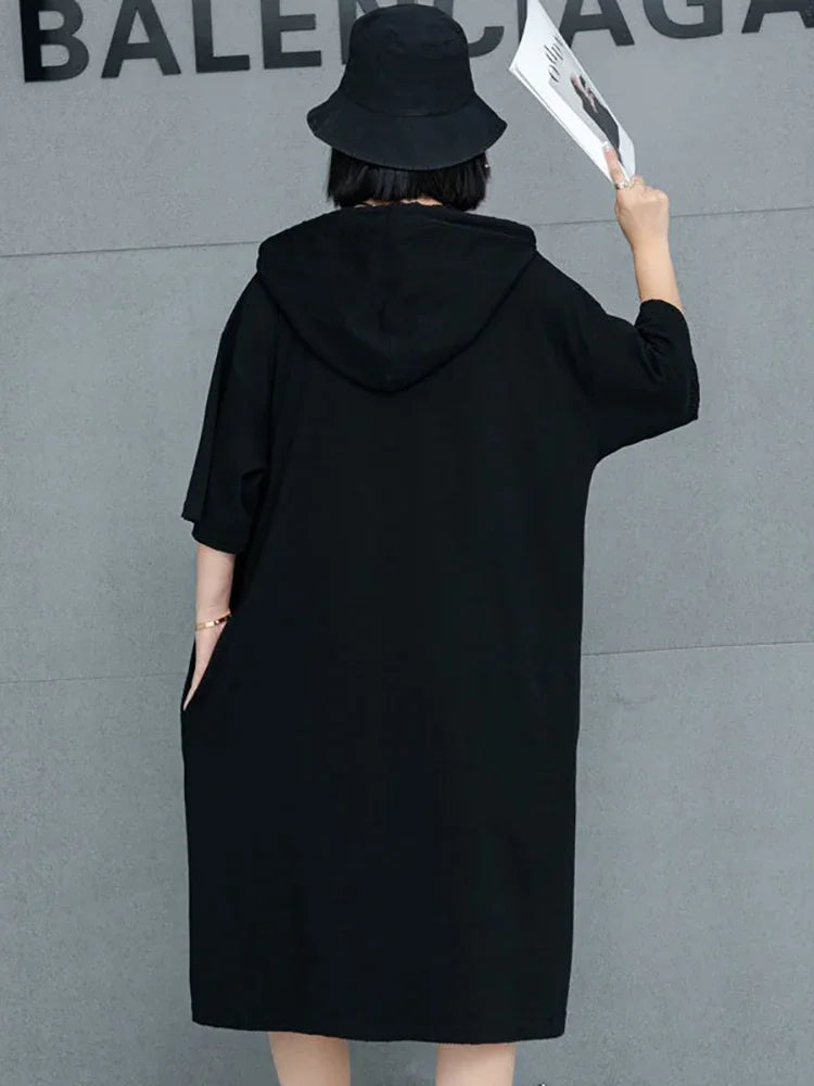 XITAO Rope Hooded Printing Knee-length Dress Casual Loose Fitting Fashion Half Sleeve Solid Color Summer Women Dress GMM1200