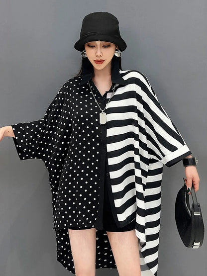 XITAO Asymmetric Casual Stripes Shirt Turn Down Collar Short Sleeved Polka Dot Patchwork Stripes Loose Women New Top LYD1783