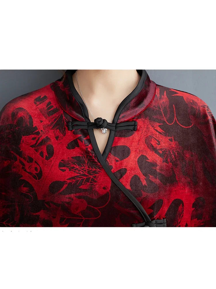 XITAO Velvet Printing Dress Stand Collar Coil Buckle Long Sleeve Vintage Literary Artistic National Style Dress New DMJ3415