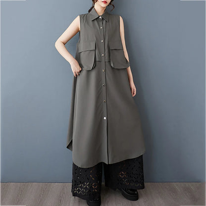 XITAO Patchwork Pocket Single Breasted Dress Casual Solid Color Sleeveless Loose Fitting Sweet Simple Women Dress GYX1410