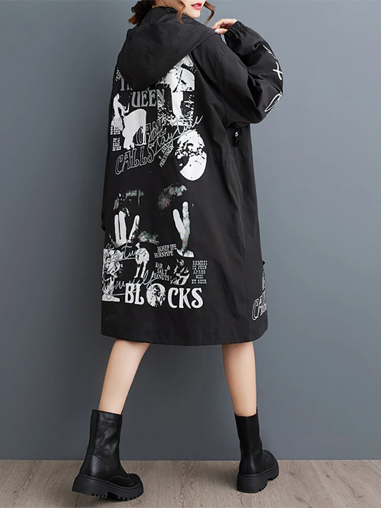 XITAO Hooded Printing Zipper Full Sleeve Coat Loose Casual A-line New Trendy Fashion Slimming Autumn Women Trench GMM1132