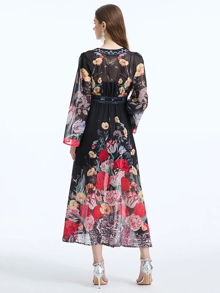 XITAO Chiffon Print Flare Sleeve Dress Fashion V-neck Collar Temperament Single Breasted Women Long Dress Summer New WLD20217