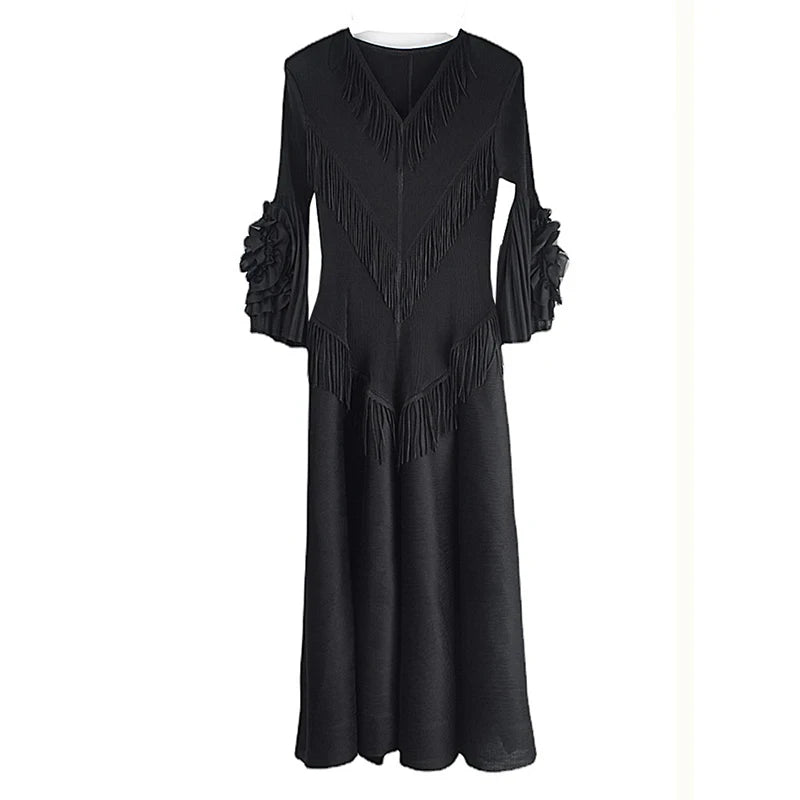 XITAO V-neck Tassels Dress Slim Fashion All Match Temperament Solid Color Elegant Loose Spring Women New A-line Dress LYD1834