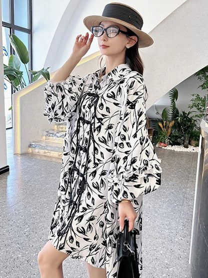 XITAO Asymmetrical Single Breasted Dresses Turn-down Collar Pocket Print Slimming Fashion Shirt Dress 2024 Summer New ZY8667