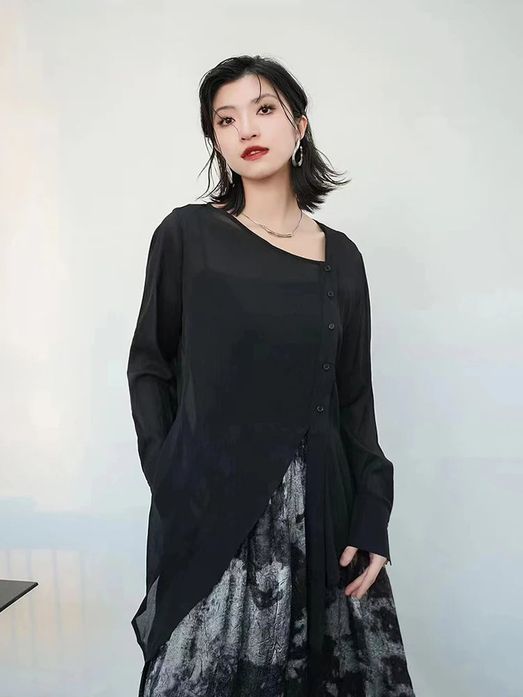 XITAO Irregular Solid T-shirt Asymmetrical Collar Full Sleeve Loose Simplicity All Match Casual Fashion Women New Top LYD1762