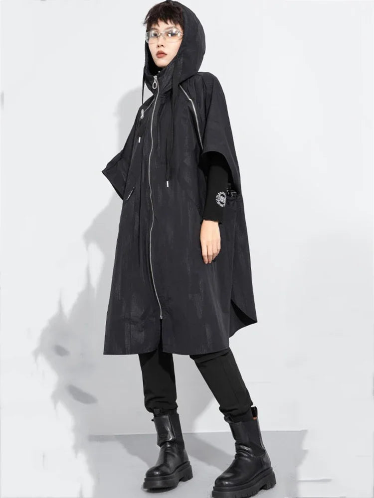 XITAO Zipper Hooded Collar Batwing Trendy Women Trench Casual Fashion Slimming All Match Solid Color New Female Coat GMM1375