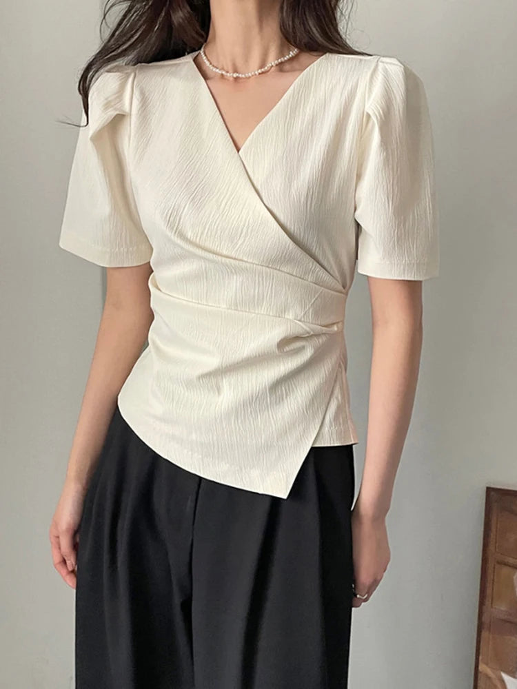 XITAO Temperament Irregular V-neck Shirt Pleated Short Sleeve Solid Color Summer Women New All-match Shirt Top DMJ2052