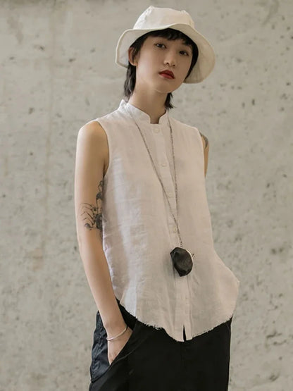 XITAO Slim Linen Stand Collar Sleeveless Blouse Women Temperament Shirt Single Breasted New Casual Loose Fashion  WLD2034