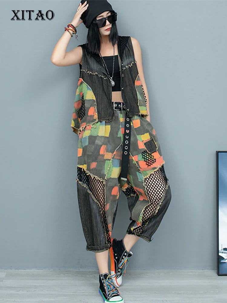 XITAO Gauze Patchwork Contrast Color Pant Sets Sleeveless Hooded Loose Vest Elastic Waist Pocket Pants Summer Fashion HQQ2344