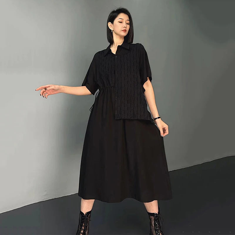 XITAO Asymmetrical Patchwork Dress Fashion False Two Pieces Draw String Turn-down Collar Shirt Dress 2024 Summer New WLD20146