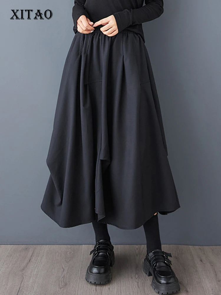 XITAO A-line Casual Solid Color Mid-calf Women Skirt Irregular Loose Thin Fashion Elastic Waist Fold Autumn Female Skirt GMM1026