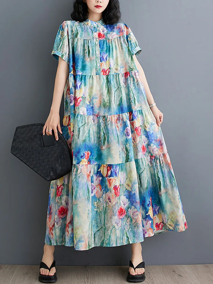 XITAO Single Breasted Patchwork Print Dresses Stand Collar Pullover Short Sleeve Loose Slimming Dress 2024 Summer New WLD20229