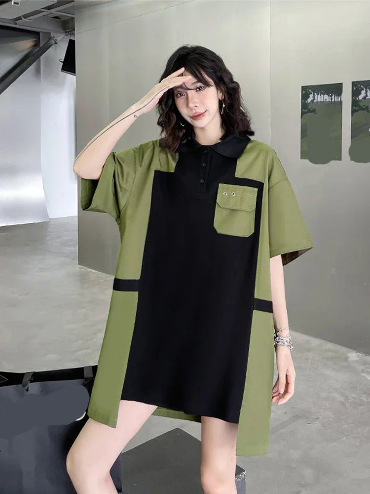 XITAO Contrast Color Loose Women Dress New Summer Personalized Fashion Loose Short Sleeve Turn-down Collar Dress HQQ0032