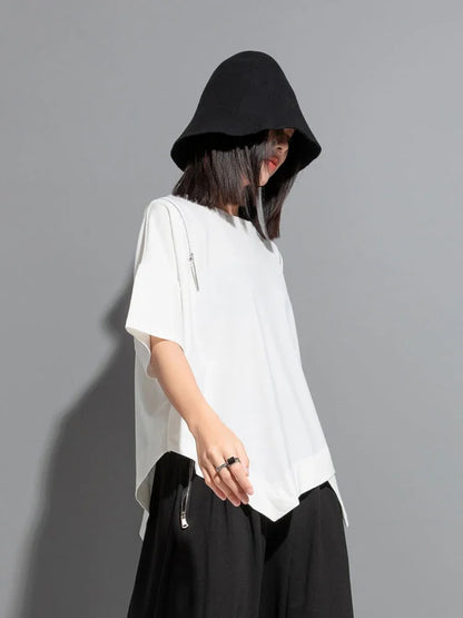 XITAO Asymmetrical Patchwork Zipper T-shirts Loose Show Thin Summer New Casual Fashion Temperament All Match Top DMJ1179