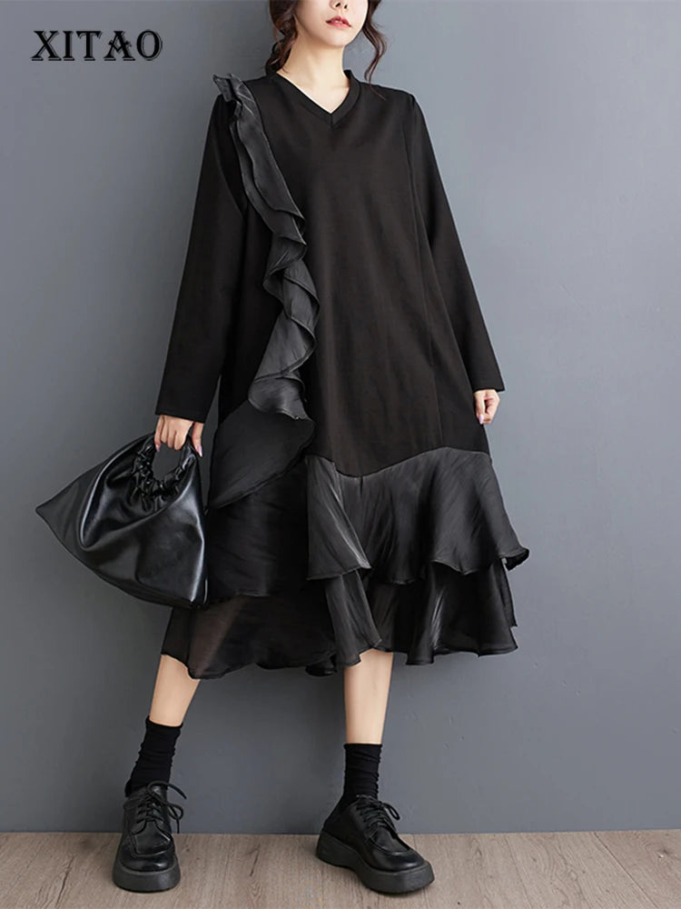 XITAO A-line Casual Loose Patchwork Mid-calf Contrast Color V-neck Full Sleeve Women Pullover Autumn Slim Female Dress ZYY1071