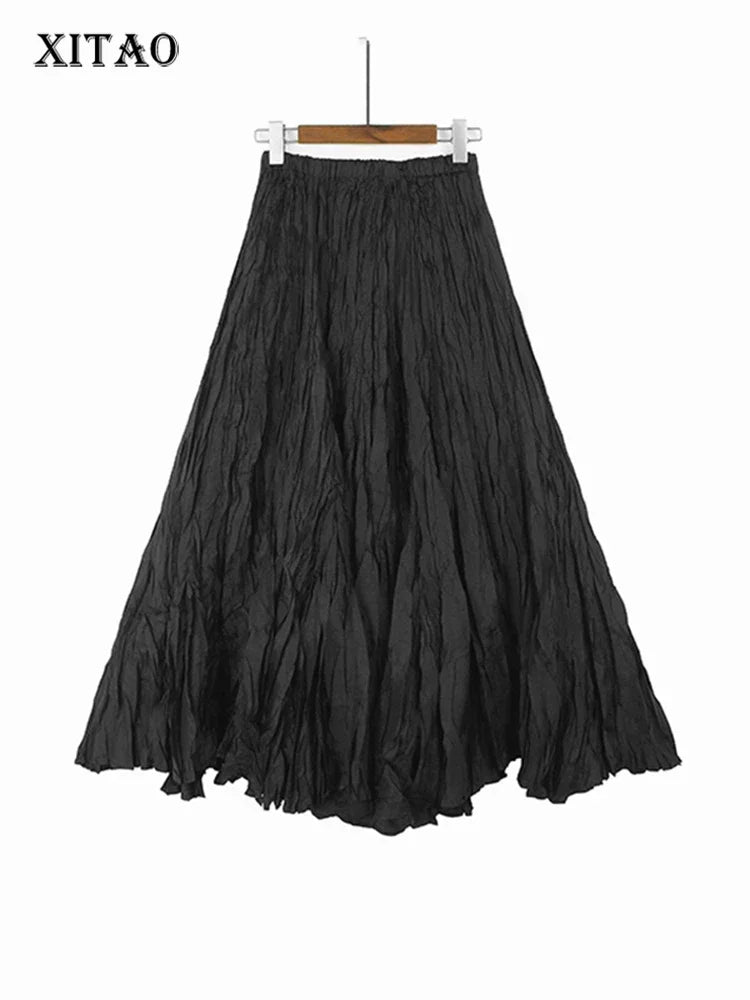 XITAO Pleated Solid Color Elastic Waist Loose Fashion skirt 2024 Summer New Arrival Women Appear Thin All-match skirt DMJ1498