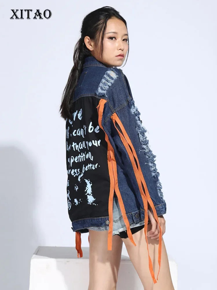 XITAO Women Denim Jacket Wide Waisted Turn Down Collar Print Letter Pattern Single Breasted Korea Fashion Wild Joker  CNM001