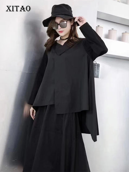 XITAO Loose Asymmetric Long Sleeve Shirt Simplicity Solid Color All-match Women Autumn Women New Casual Irregular Top GJ1074