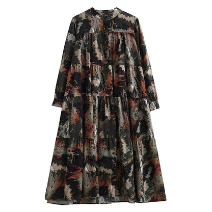 XITAO Vintage Stand Collar Print Shirt Dress Loose Long Sleeve Simplicity Casual Pullover Women Dress Fashion New HQQ2062