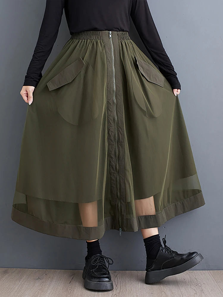 XITAO Gauze Patchwork Zipper Pockets Skirts Elastic Waist Solid Color Loose Mid-calf All Match Skirts 2024 Autumn New HJF5086