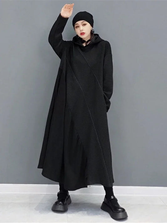 XITAO Spring New Long Sweater Dress 2024 Fashion Casual Contrast Patchwork Long Sleeve Hooded Collar Loose Women WMD4186