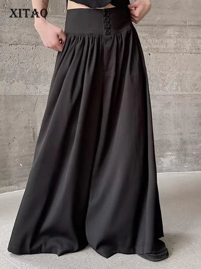 XITAO Casual Loose Female Wide Leg Pants Button Solid Color Personality All Match Dark Autumn Trendy Women Pants ZYY1041