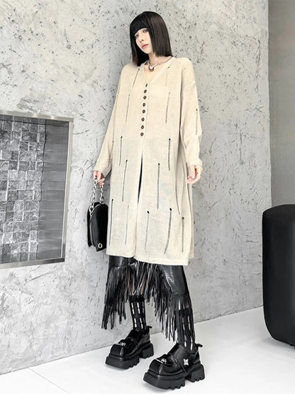 XITAO Hong Kong Style Female Hollow Out Cardigan Solid Color 2024 New Autumn Knitted Long Sleeve Loose V-neck Sweater LJ1077