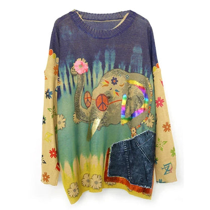 XITAO Patchwork Print Female Sweater Personality Contrast Color Pullovers Top Spring New 2024 Women Street Trend Sweater ZY8630