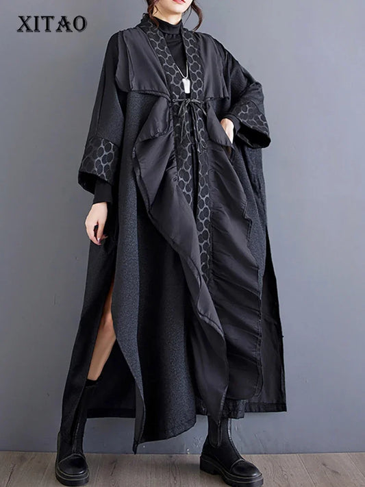 XITAO Side Split Patchwork Single Button Trench V-neck Vintage Personality Loose Slimming Fashion Long Coat Autumn New LJ1011