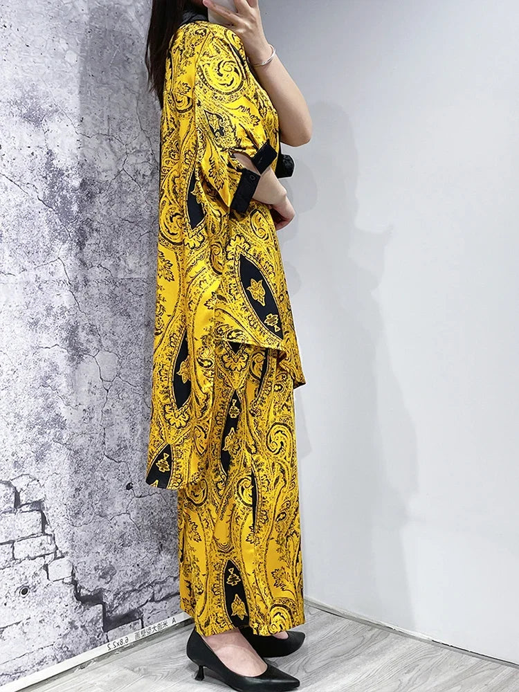 XITAO Loose Print Two Piece Yellow Sets Women Female Asymmetric 2023 Summer New Arrival Casual Fashion Two Piece Set WLD11383