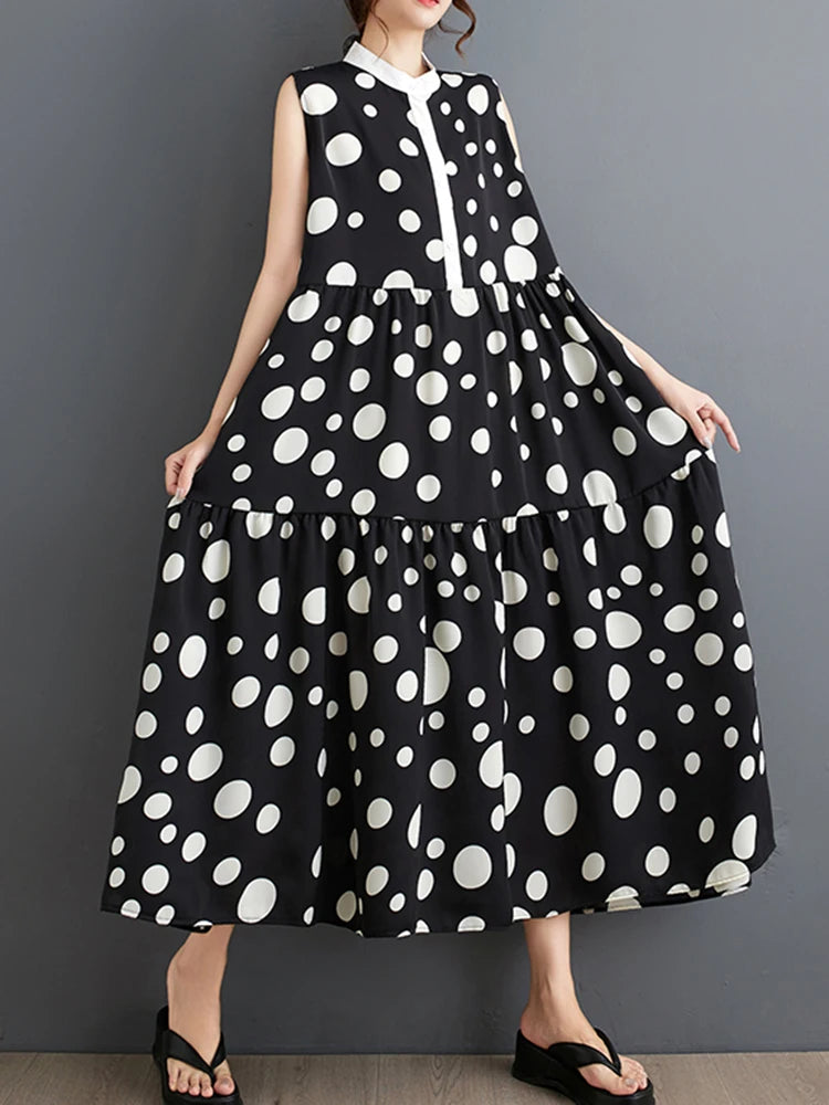 XITAO Print Sleeveless Stand Collar Dress Polka Dot Fashion Contrast Color Casual Loose All-match Pullover A-line Dress ZY8809