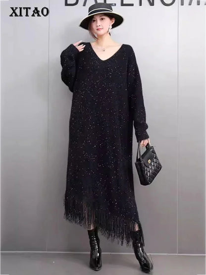 XITAO Sequined Tassel V-neck Full Sleeve Dress Europe Casual Solid Color A-line Mid-calf Knitting Autumn Women Dress GMM1279