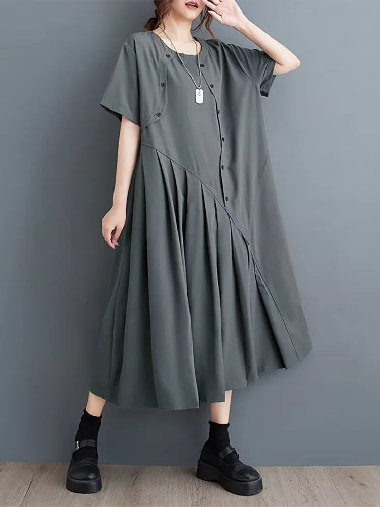 XITAO Double Breasted Fold Pullover Dress Solid Color O-neck A-line Loose Mid-calf Casual Slimming Dress 2024 Summer New DMJ4177