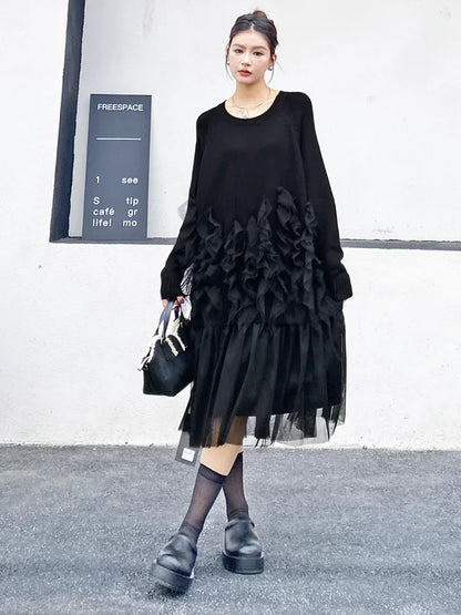 XITAO Patchwork Mesh Fold O-neck Solid Color Women Dress Mid-calf Full Sleeve Casual New Knitting Autumn Female Dress GMM1115