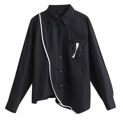 XITAO Asymmetric Solid Shirt Turn Down Collar Full Sleeve Single Breasted Bright Line Decoration Spring Women Shirt LYD1746