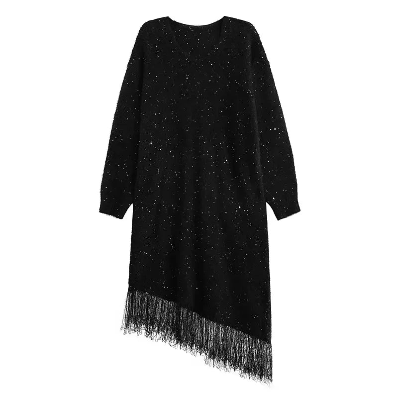 XITAO Sequin Tassel Knitting V-neck Dress Solid Color Long Sleeve Pullover Loose Casual Slimming Temperament All Match GMM1263