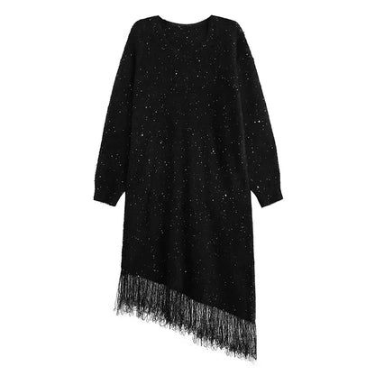 XITAO Sequin Tassel Knitting V-neck Dress Solid Color Long Sleeve Pullover Loose Casual Slimming Temperament All Match GMM1263