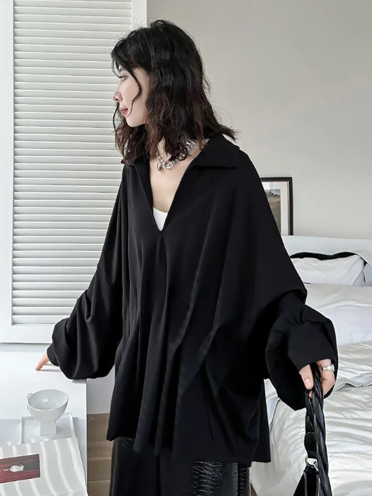 XITAO Asymmetrical Folds Batwing Sleeve Women Blouse Solid Color V-neck Pullover Loose Slimming Top Coat 2024 Autumn New ZY8887