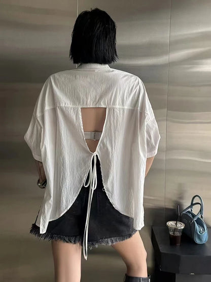 XITAO Backless Bandage Asymmetrical Women Shirt Solid Color Turn-down Collar Fashion All Match Tops 2024 Summer New GJ1052