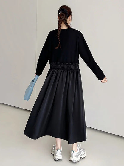 XITAO Solid Color Patchwork Draped Dresses O-neck Pullover Long Sleeve Loose Slimming Casual Fashion Dresses 2024 Autumn LJ1049