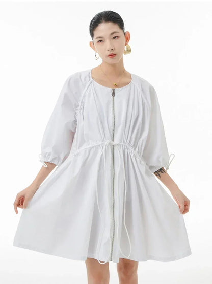 XITAO Solid Pleated Trench Women Summer New Arrival Personality Fashion Loose O-neck Short Sleeve Trench ZY6832